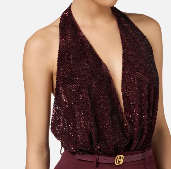 Elisabetta Franchi Tute^Tuta in crêpe e tulle ricamato con paillettes RougeNoir