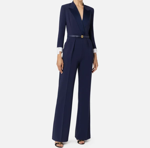 Elisabetta Franchi Tute^Tuta in crêpe stretch con revers in raso Navy
