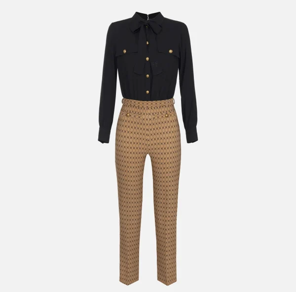 Elisabetta Franchi Tute^Tuta in crêpe stretch stampa rombo con fiocco Camel/Nero