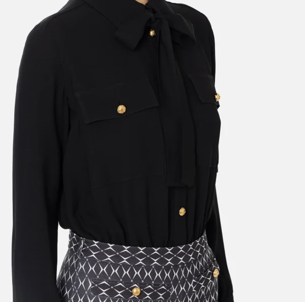 Elisabetta Franchi Tute^Tuta in crêpe stretch stampa rombo con fiocco Nero/Burro