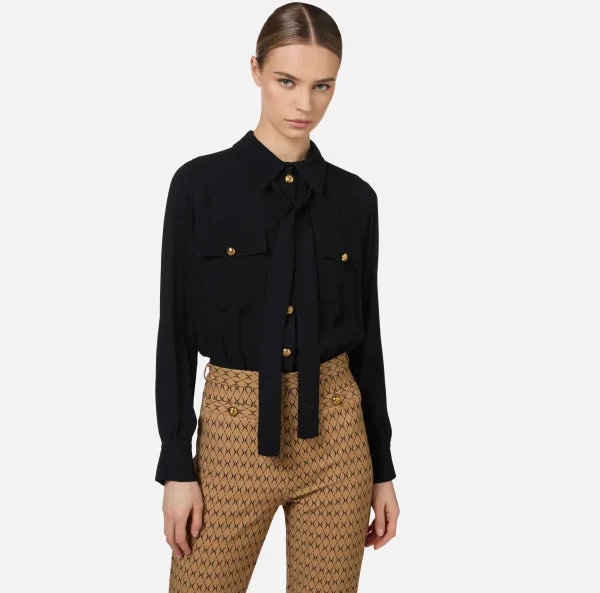 Elisabetta Franchi Tute^Tuta in crêpe stretch stampa rombo con fiocco Camel/Nero