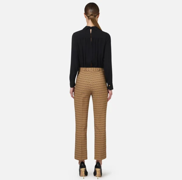 Elisabetta Franchi Tute^Tuta in crêpe stretch stampa rombo con fiocco Camel/Nero