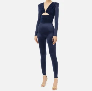 Elisabetta Franchi Tute^Tuta in lycra lucida con inserti plissé Navy