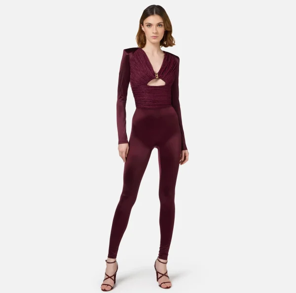 Elisabetta Franchi Tute^Tuta in lycra lucida con inserti plissé RougeNoir