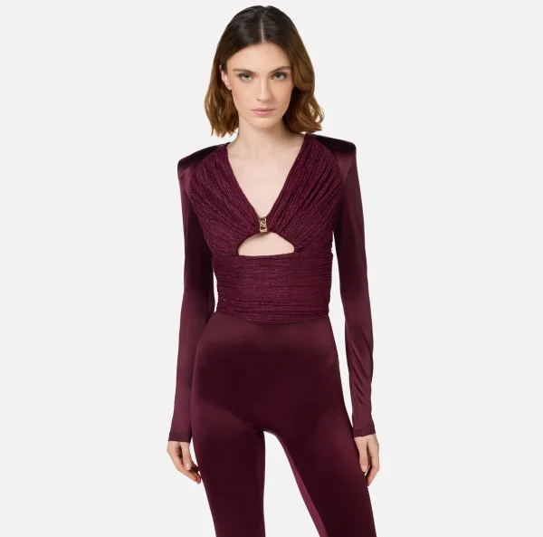 Elisabetta Franchi Tute^Tuta in lycra lucida con inserti plissé RougeNoir