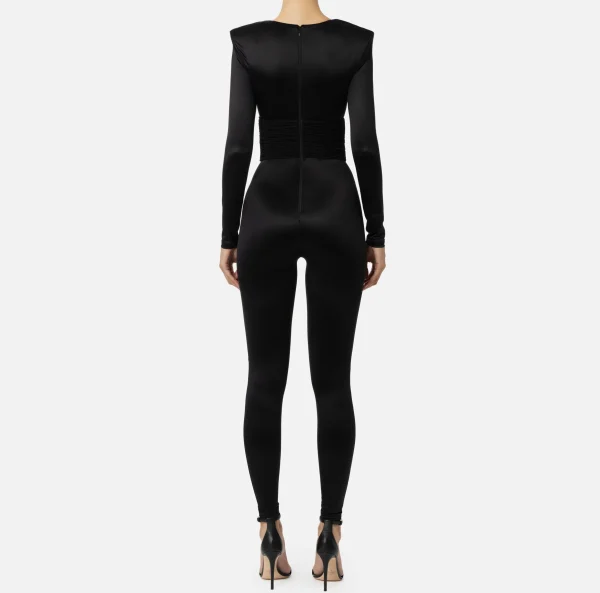 Elisabetta Franchi Tute^Tuta in lycra lucida con inserti plissé Nero