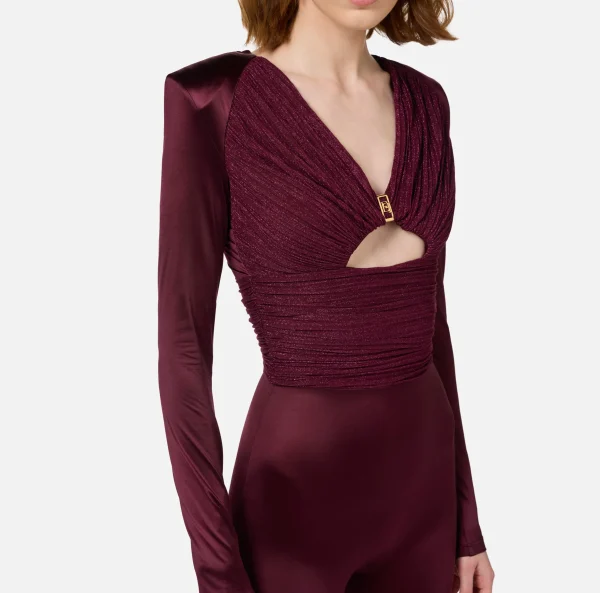 Elisabetta Franchi Tute^Tuta in lycra lucida con inserti plissé RougeNoir