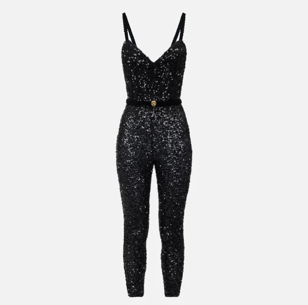 Elisabetta Franchi Tute^Tuta in paillettes con cintura Nero