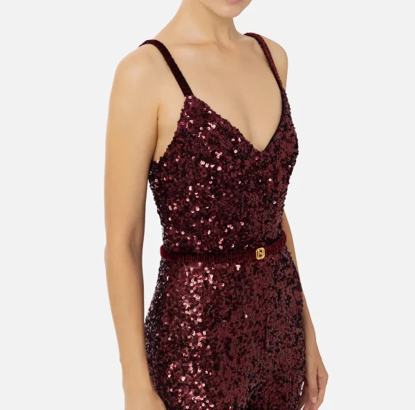 Elisabetta Franchi Tute^Tuta in paillettes con cintura RougeNoir