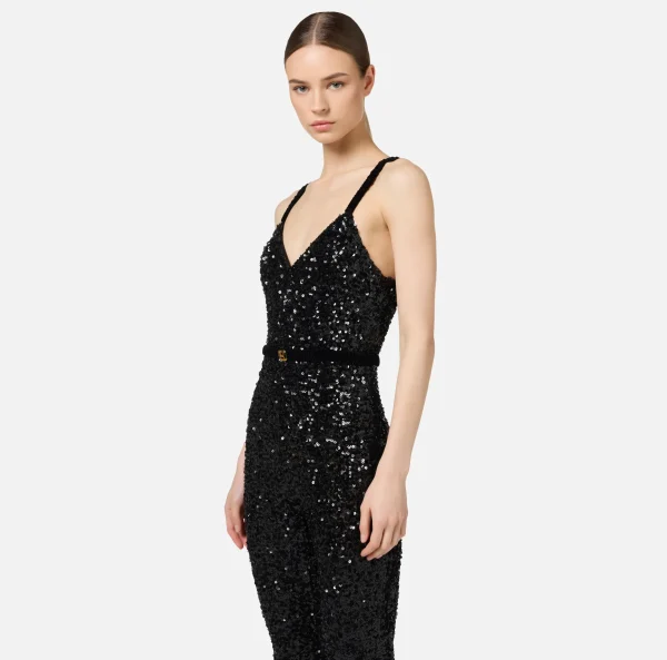Elisabetta Franchi Tute^Tuta in paillettes con cintura Nero