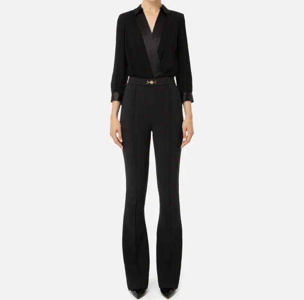 Elisabetta Franchi Tute^Tuta in viscosa con camicia incrociata e pantalone svasato con morsetto Nero