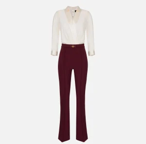 Elisabetta Franchi Tute^Tuta in viscosa con camicia incrociata e pantalone svasato con morsetto Burro/RougeNoir