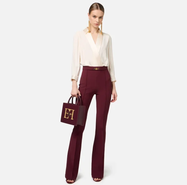 Elisabetta Franchi Tute^Tuta in viscosa con camicia incrociata e pantalone svasato con morsetto Burro/RougeNoir